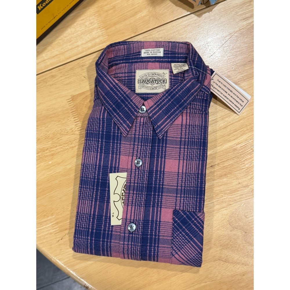 90s Deadstock Saugatuck Dry‎ Goods Button-Up Flannel Shirt Purple Plaid L Large